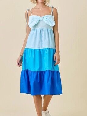 NWT Day & Moon Poplin Tiered Bow Midi Dress, Blue, Medium